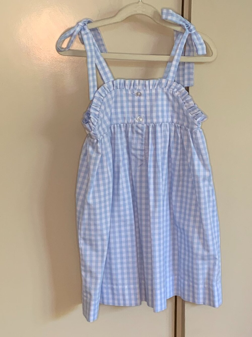 Stitchy Fish Blue Gingham Flamingo Smocked Dress 4T Tie Shoulder Summer - Picture 2 of 4